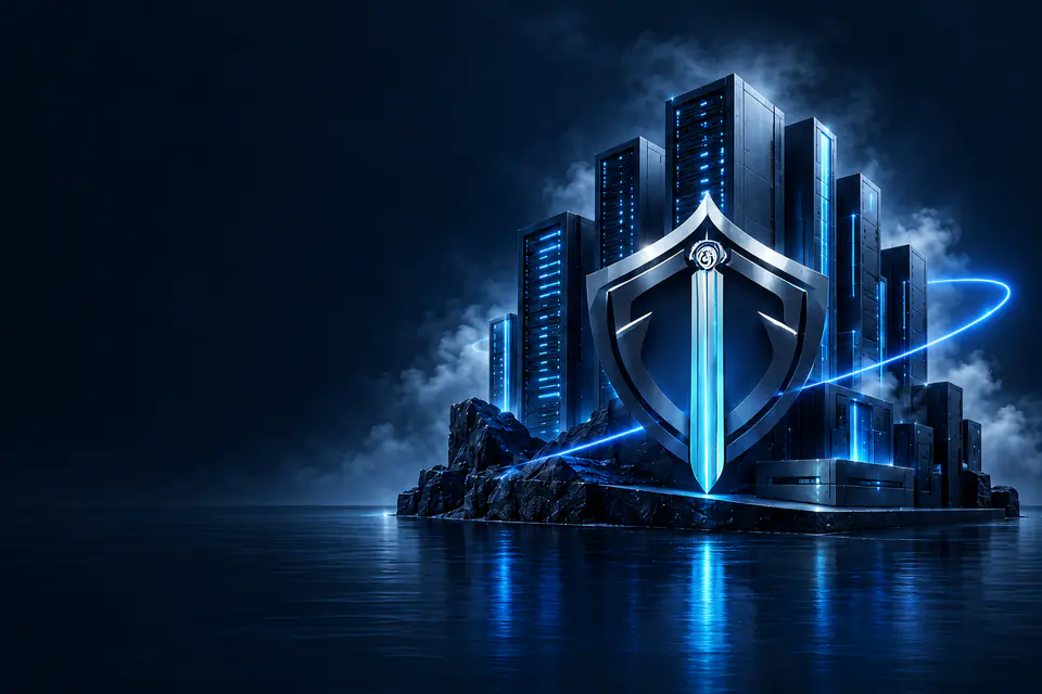 The Saber Security shield in front of connected server towers, above a dark stone platform